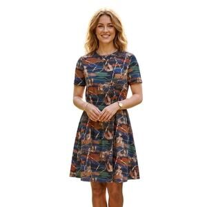 Louche Fit & Flare Dress XS Brown Owl Eclectic Maximalist Art To Wear Unique